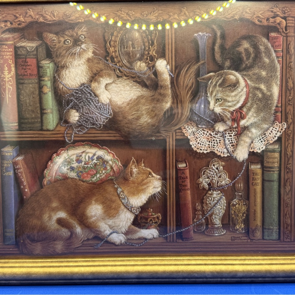 Vintage Cat Art Print with Books 11 1/4” x 9” x 1/2”